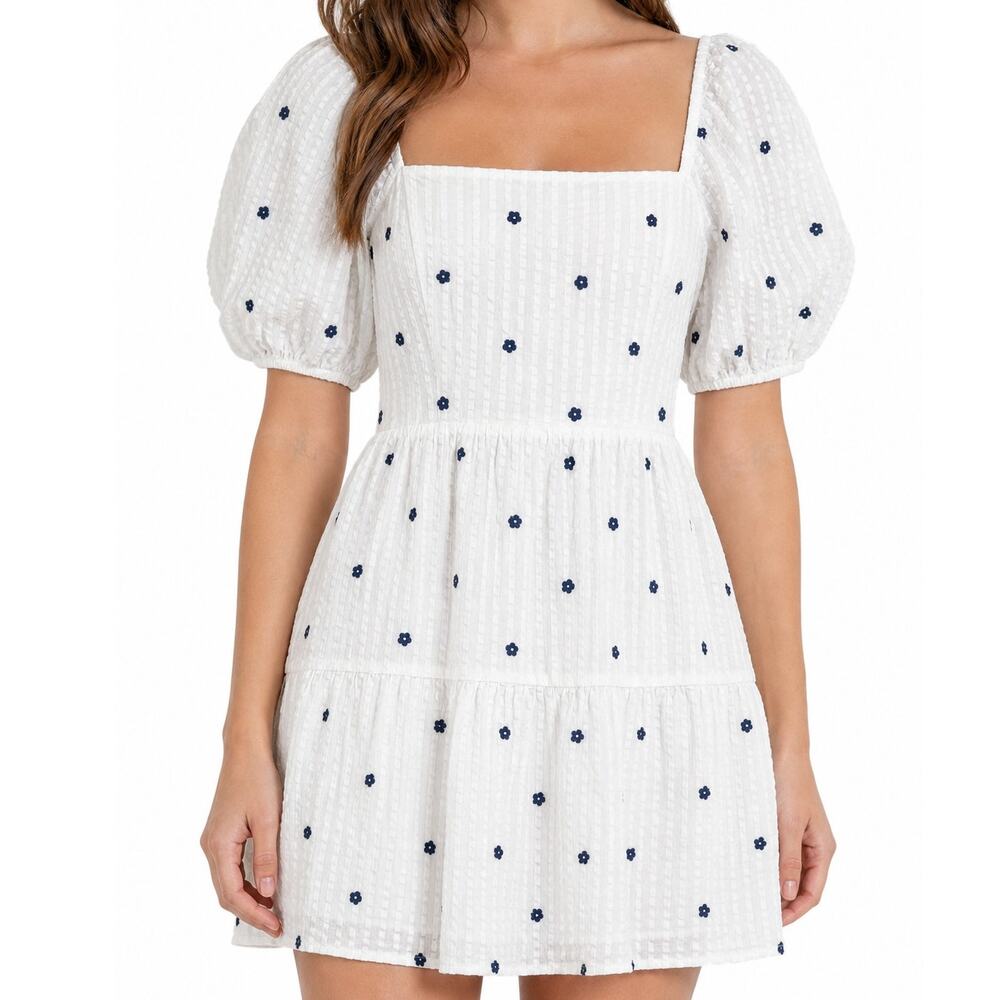 Rails Selene White Navy Embroidered Flowers 100% Cotton Mini Tie Back Dress Lg